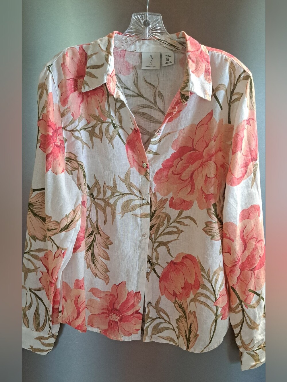 Joie 100% Linen Floral Button Front Blouse White Pink Long Sleeve Top Beach Med